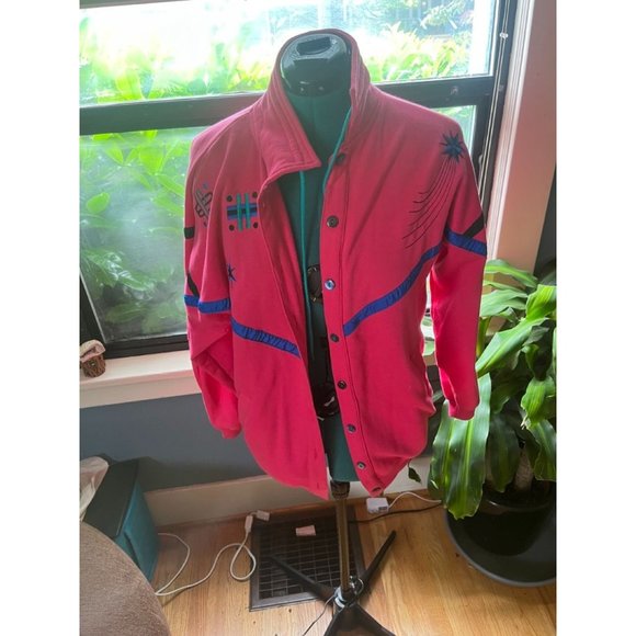 80s Hot Pink Oversized Jacket with Blue + Green Geometric Shooting Stars Embroid - Picture 1 of 5